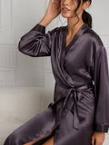 SilkSilky-ES Seda Pura Manga larga Womens Robe GrisPúrpura 007