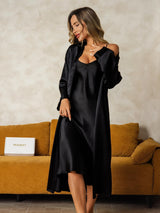 [Negro] SilkSilky-ES Long Sleeve V Neck Conjunto de camisón y bata 003