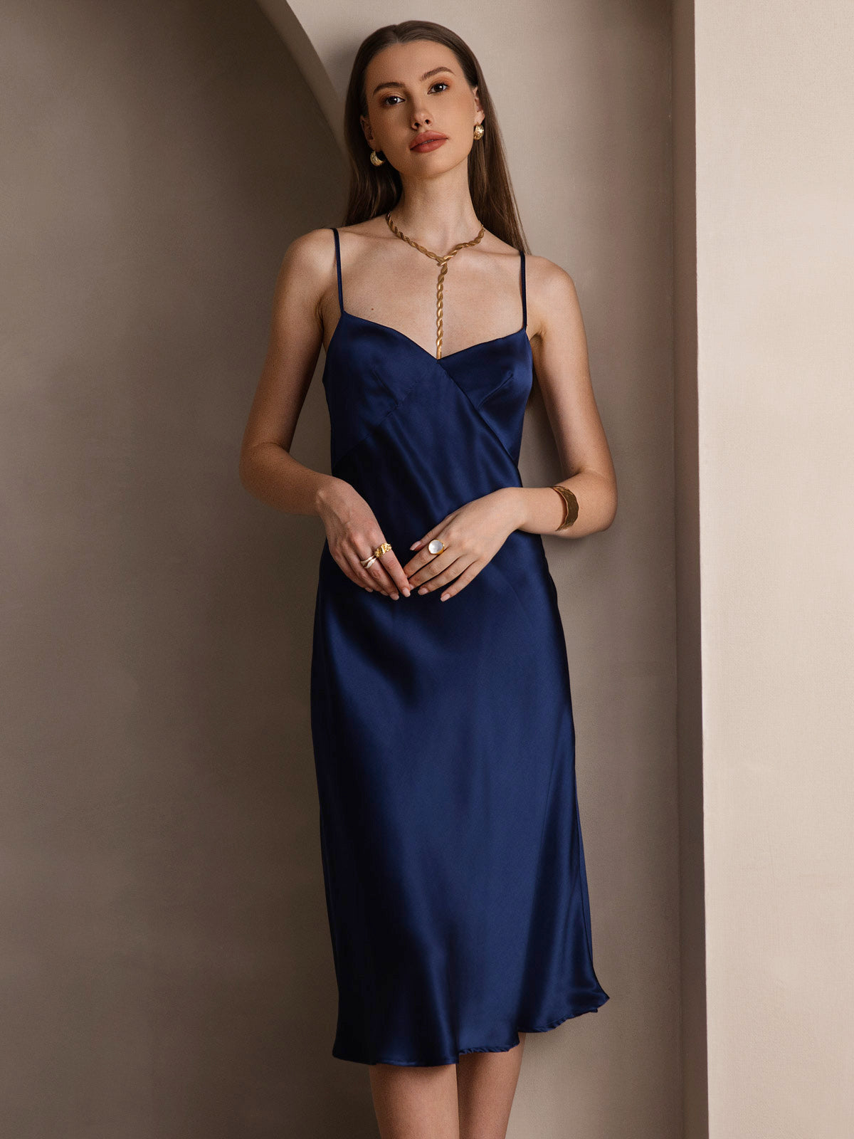 [Azul Oscuro] SilkSilky-ES 19Momme Seda Pura Cuello en V Vestido 004