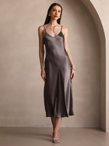 [Caqui Oscuro] SilkSilky-ES Spaghetti Strap V Neck Vestido 006