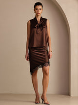 [Chocolate Negro] SilkSilky-ES Sleeveless Tie Neck Top de tirantes 007