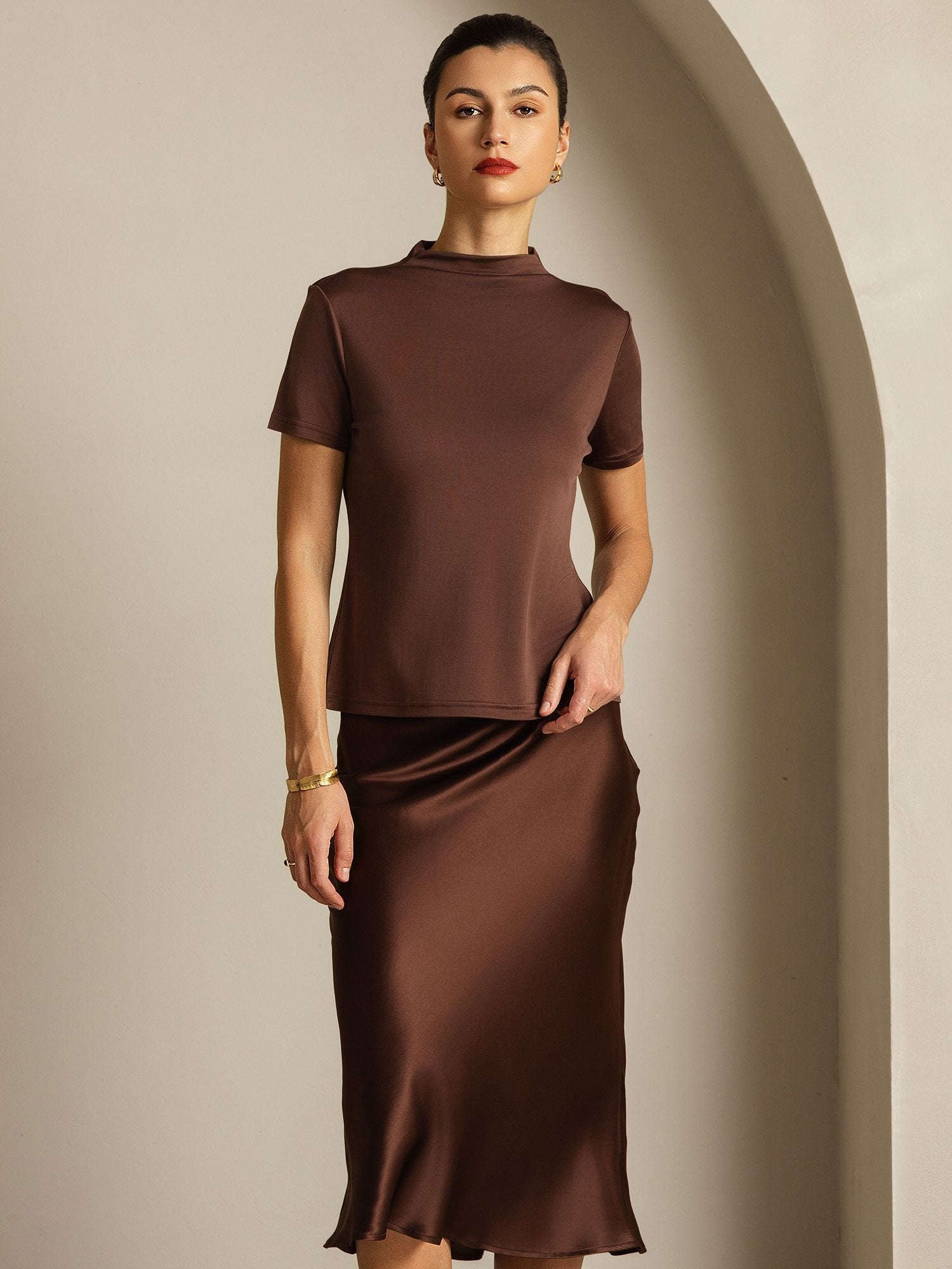 [Café] SilkSilky-ES Seda Pura Cuello Camisero Camisetas de Mujer 009