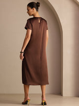 [Chocolate Negro] SilkSilky-ES Short Sleeve Crew Neck Vestido 002