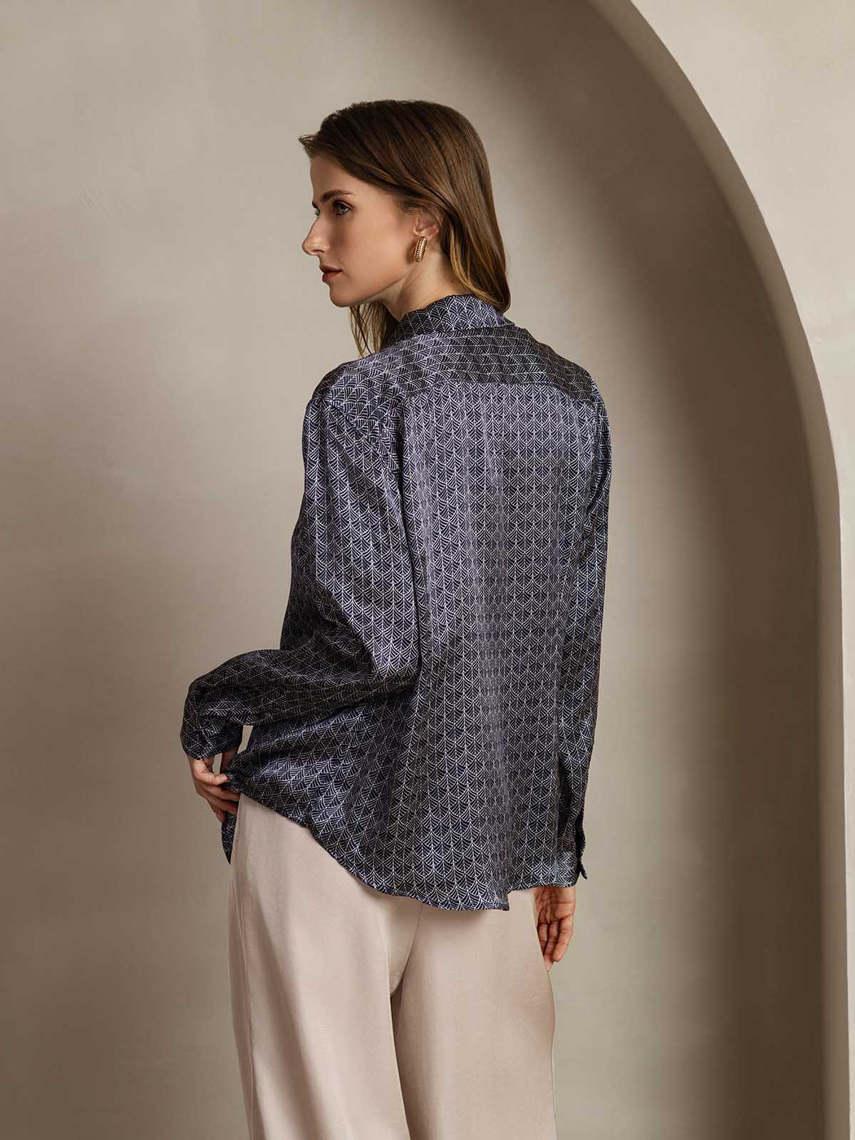 [Ginkgo Azul Marino] SilkSilky-ES Seda Lapel Collar Blusas de Mujer 002