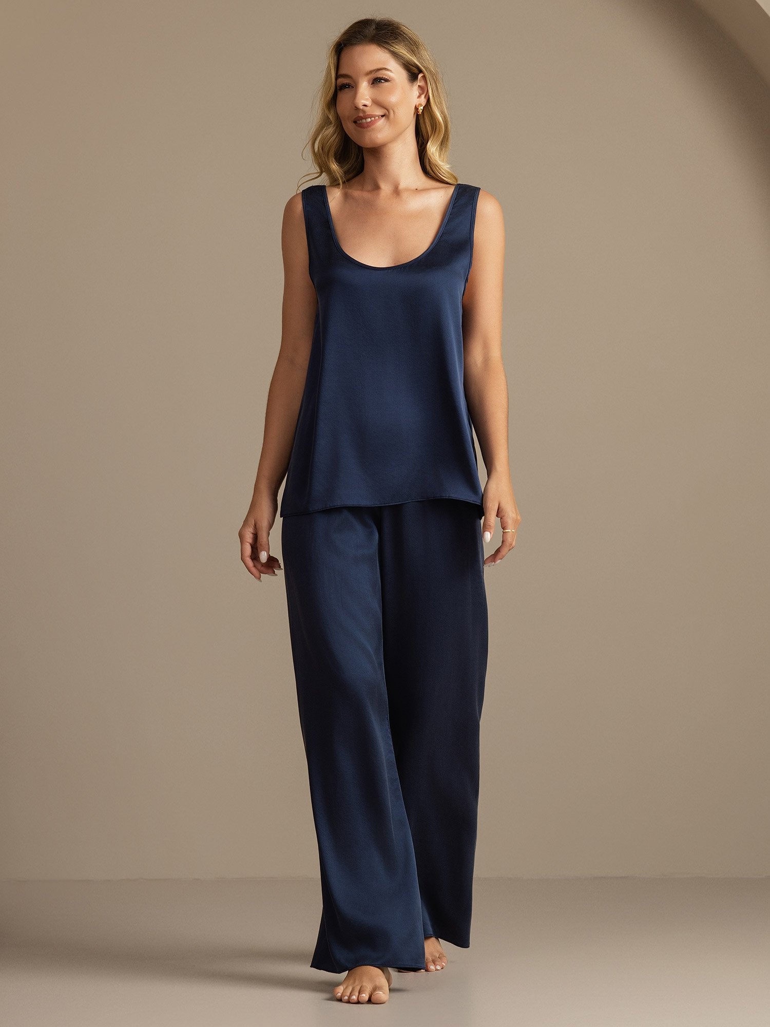 [Azul Oscuro] SilkSilky-ES 19Momme Seda Womens Pajamas 006,