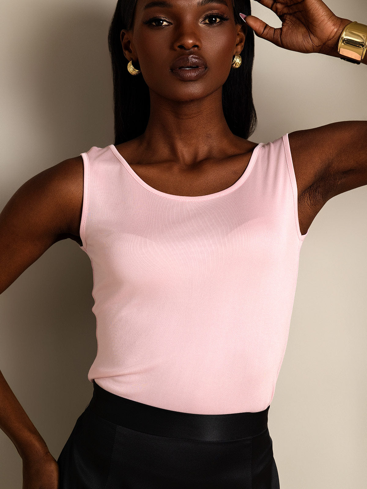 [Rosa] SilkSilky-ES Tejido de seda Sin mangas Round Neck Camisetas de Mujer 003
