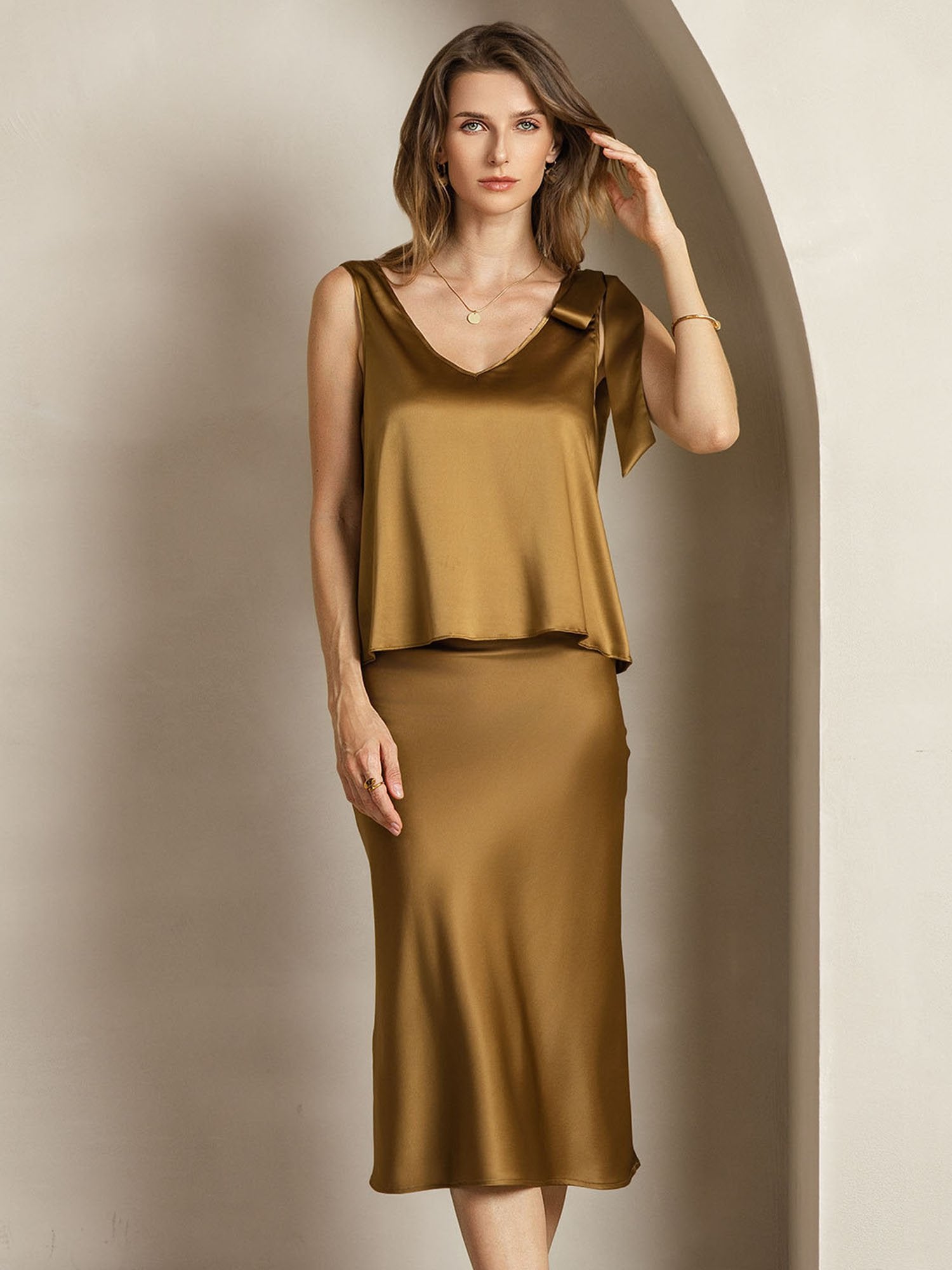 [Bronce] SilkSilky-ES 19Momme Seda Cuello en V Women''s Outfit Sets 004