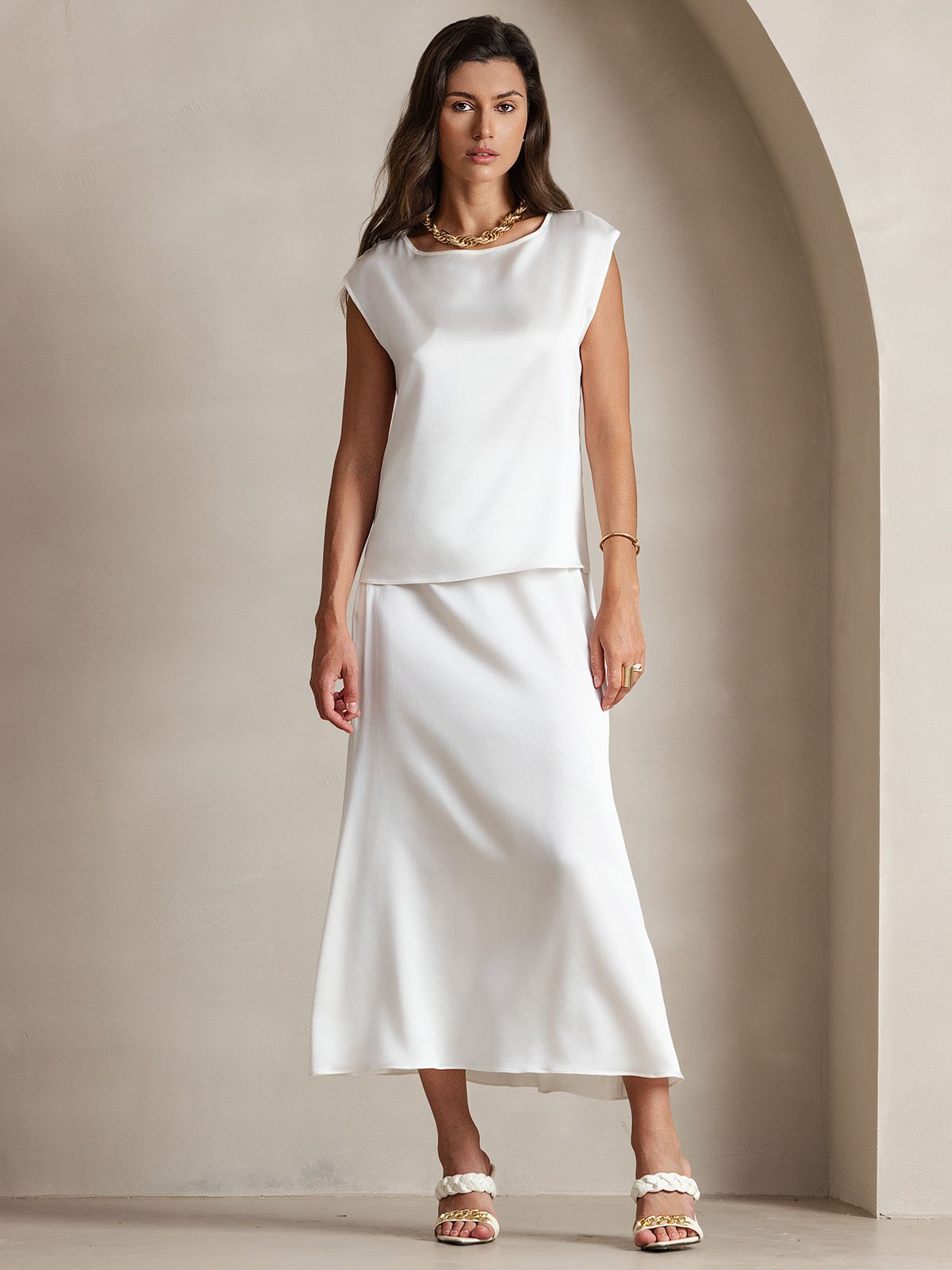 [Blanco] SilkSilky-ES 19Momme Seda Womens T-Shirt 001