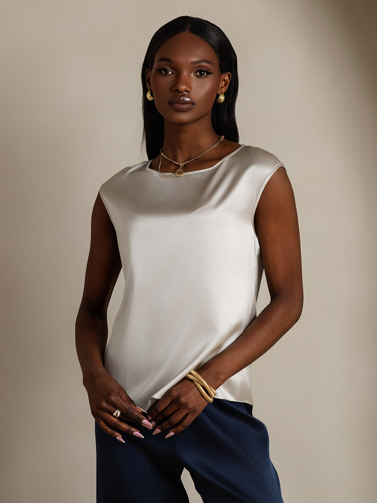 [Gris Claro] SilkSilky-ES 19Momme Seda Womens T-Shirt 003