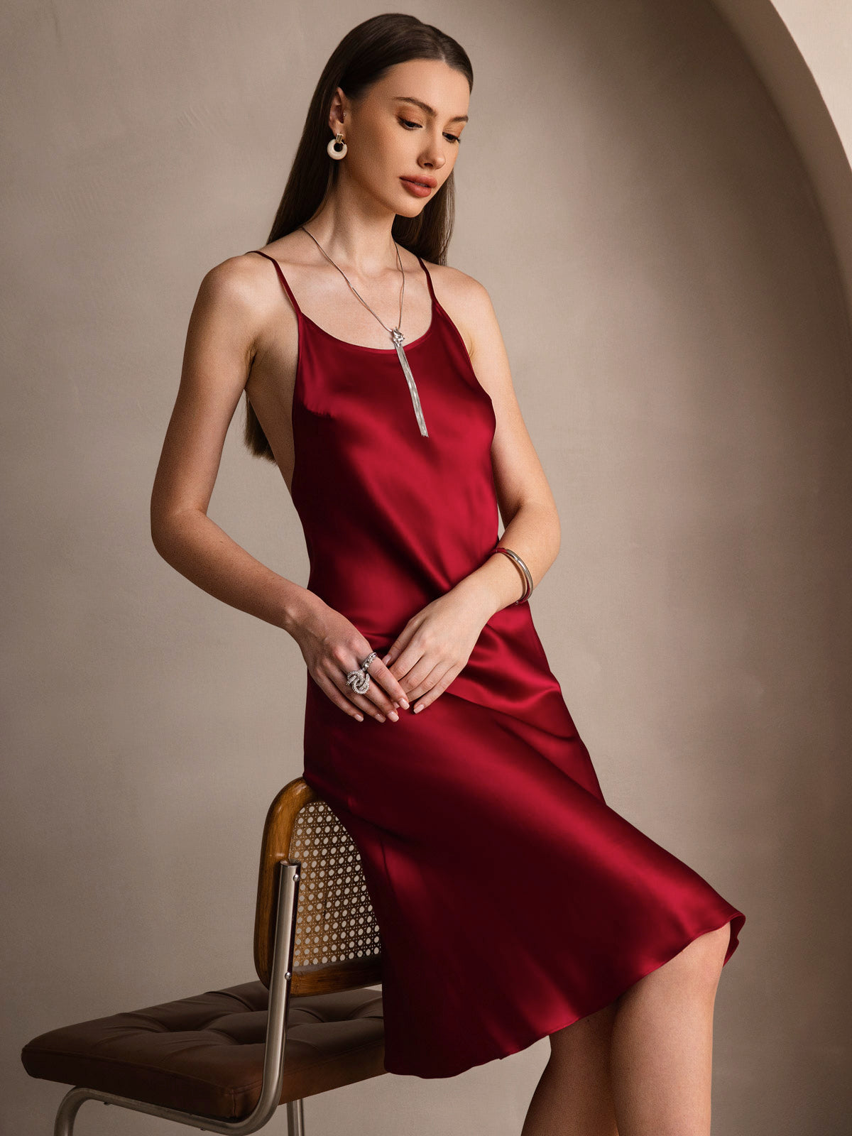 [Vino] SilkSilky-ES Seda Pura Sin mangas Round Neck Vestido 001