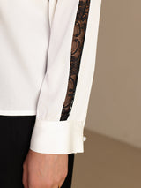 [Blanco] SilkSilky-ES Long Sleeve Keyhole Neck Blusas 005