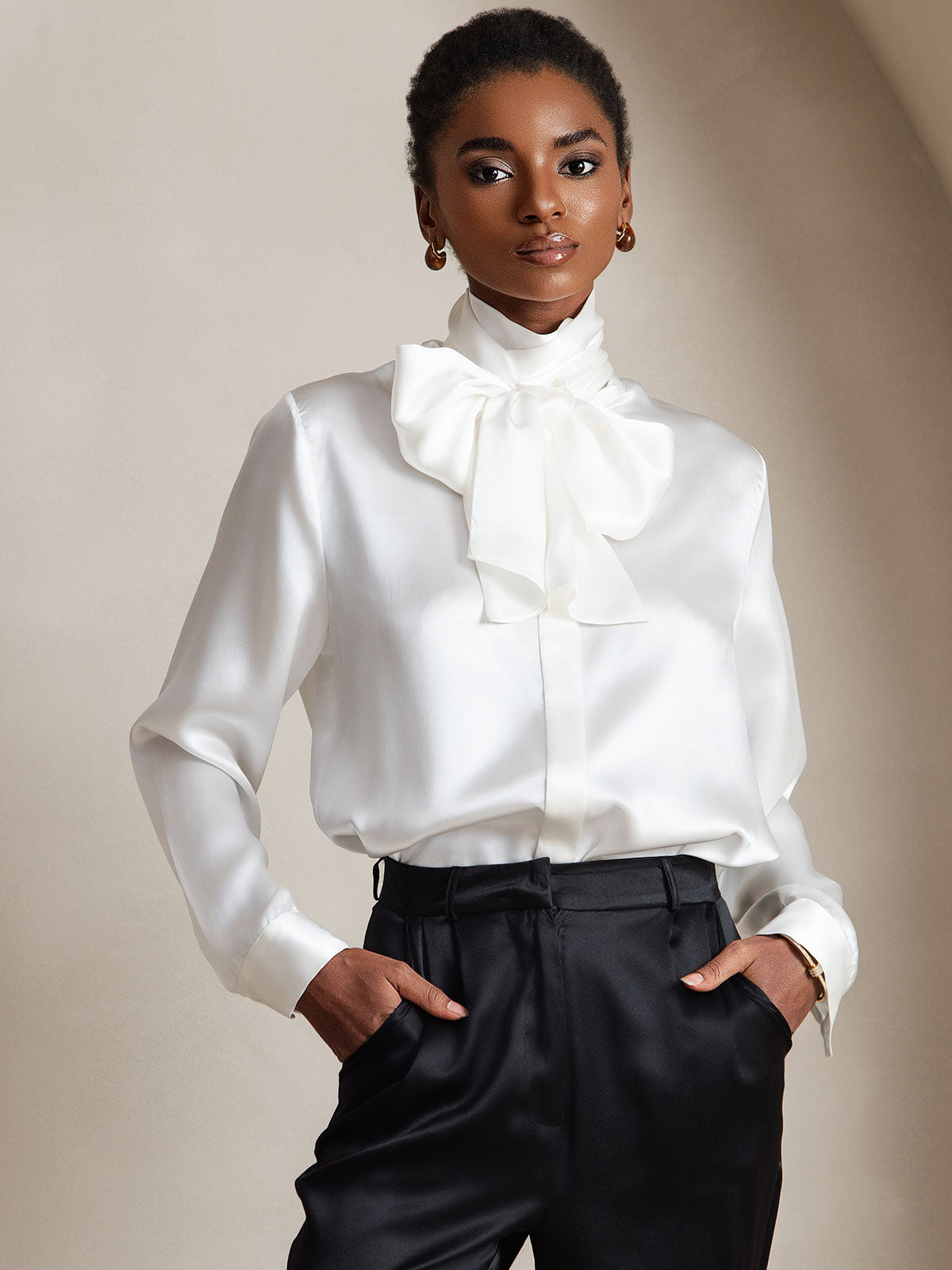 [Blanco] SilkSilky-ES 19Momme Seda Manga larga Corbata Blusas de Mujer 001