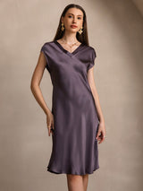 [Gris Púrpura] SilkSilky-ES Cap Sleeve V Neck Camisón 004
