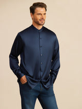 [Azul Oscuro] SilkSilky-ES Long Sleeve Stand Collar Camisa de hombre 006
