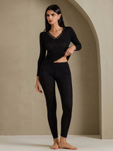[Negro] SilkSilky-ES Long Sleeve V Neck Ropa Interior Larga Mujer 004