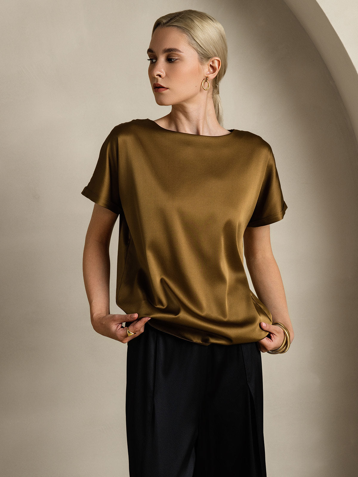 [Marrón] SilkSilky-ES 19Momme Manga corta Cuello Barco Camisetas de Mujer 004