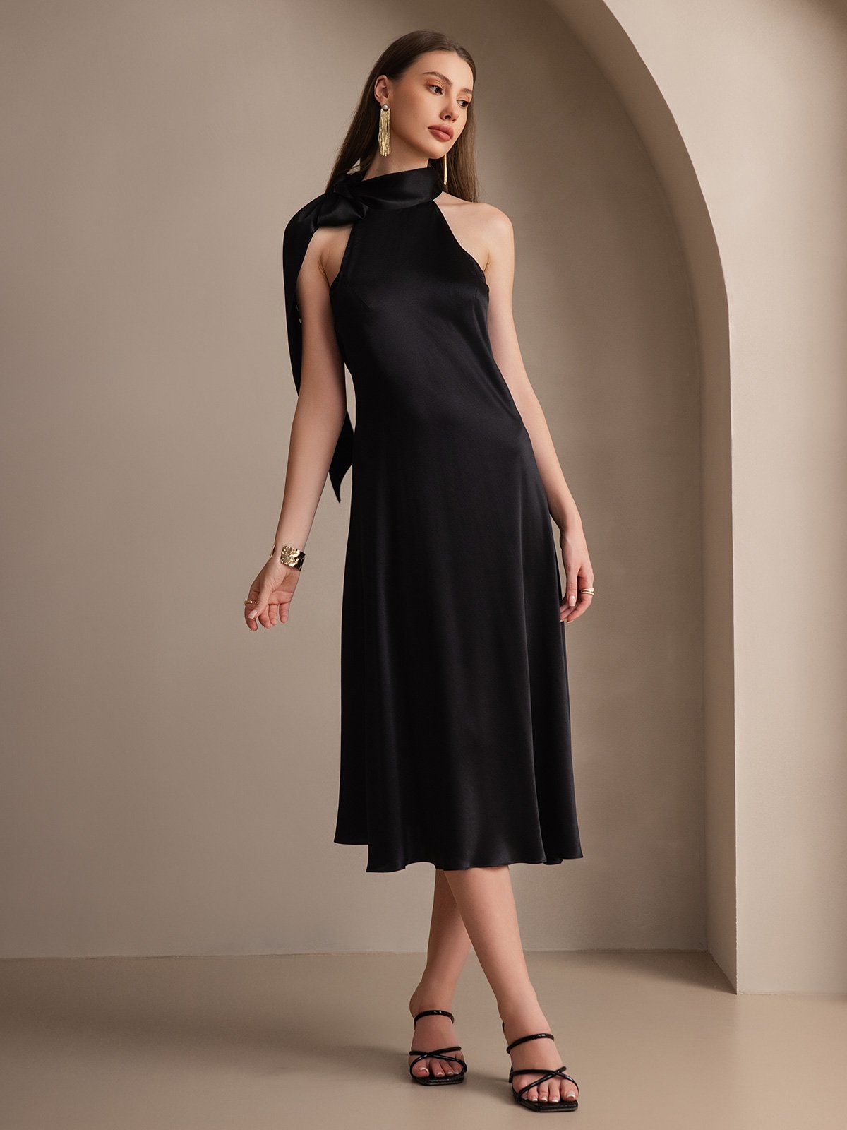 [Negro] SilkSilky-ES 19Momme Seda Sin mangas Corbata Vestido 005