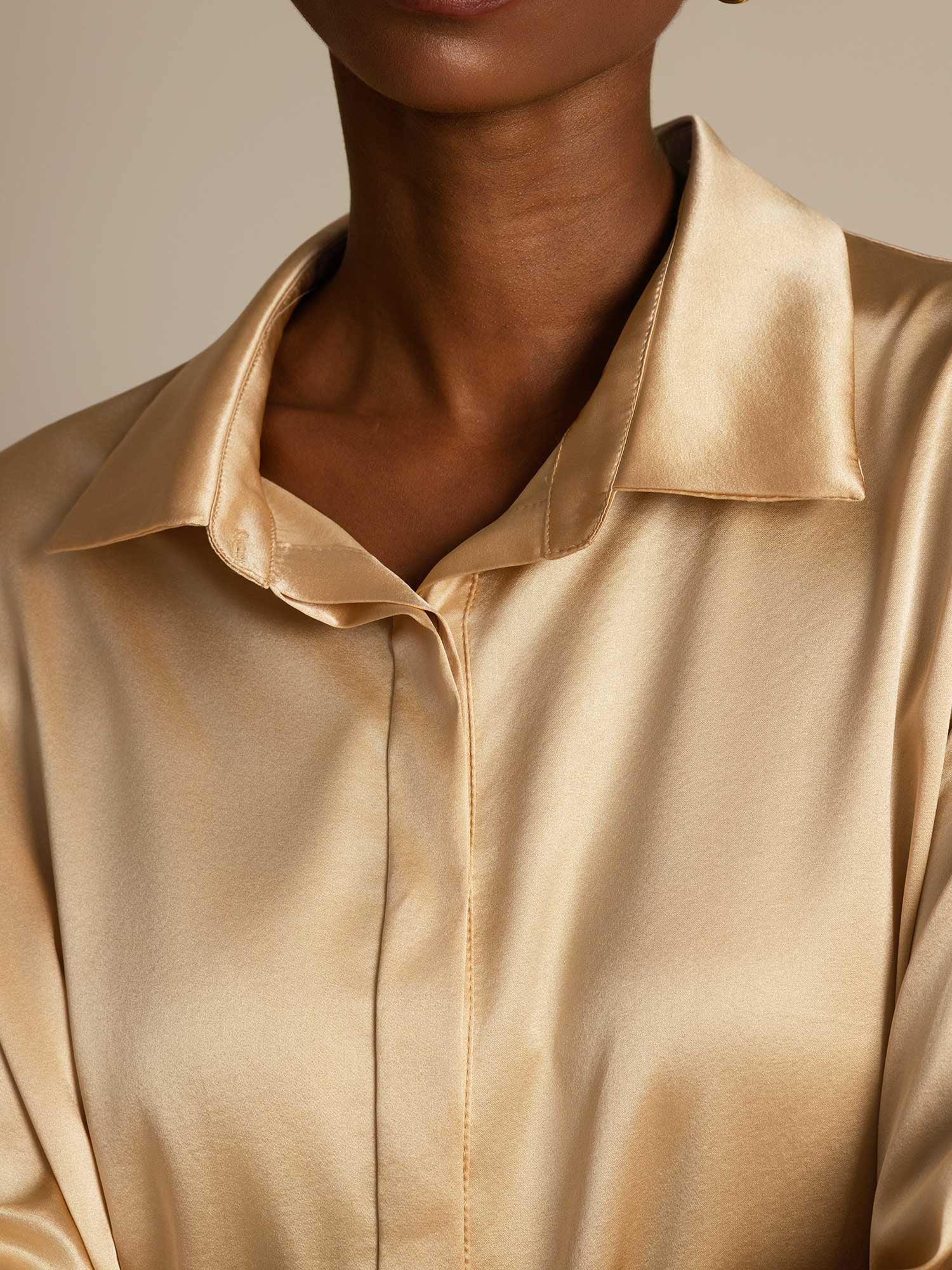 [Champán] SilkSilky-ES 19Momme Seda Manga larga Cuello Camisero Blusas de Mujer 006