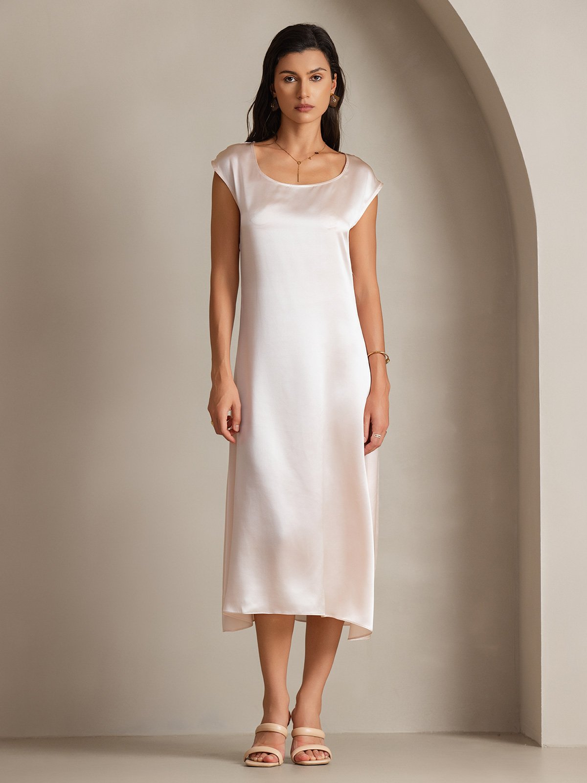 [Rosa] SilkSilky-ES 19Momme Seda Sin mangas Dress 004