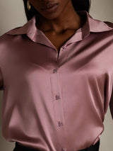[Malva Pálido] SilkSilky-ES 3/4 Sleeve Lapel Collar Blusas de Mujer 008