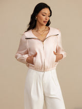 [Rosa] SilkSilky-ES 18Momme Manga larga Cuello Alto Chaqueta de mujer 003