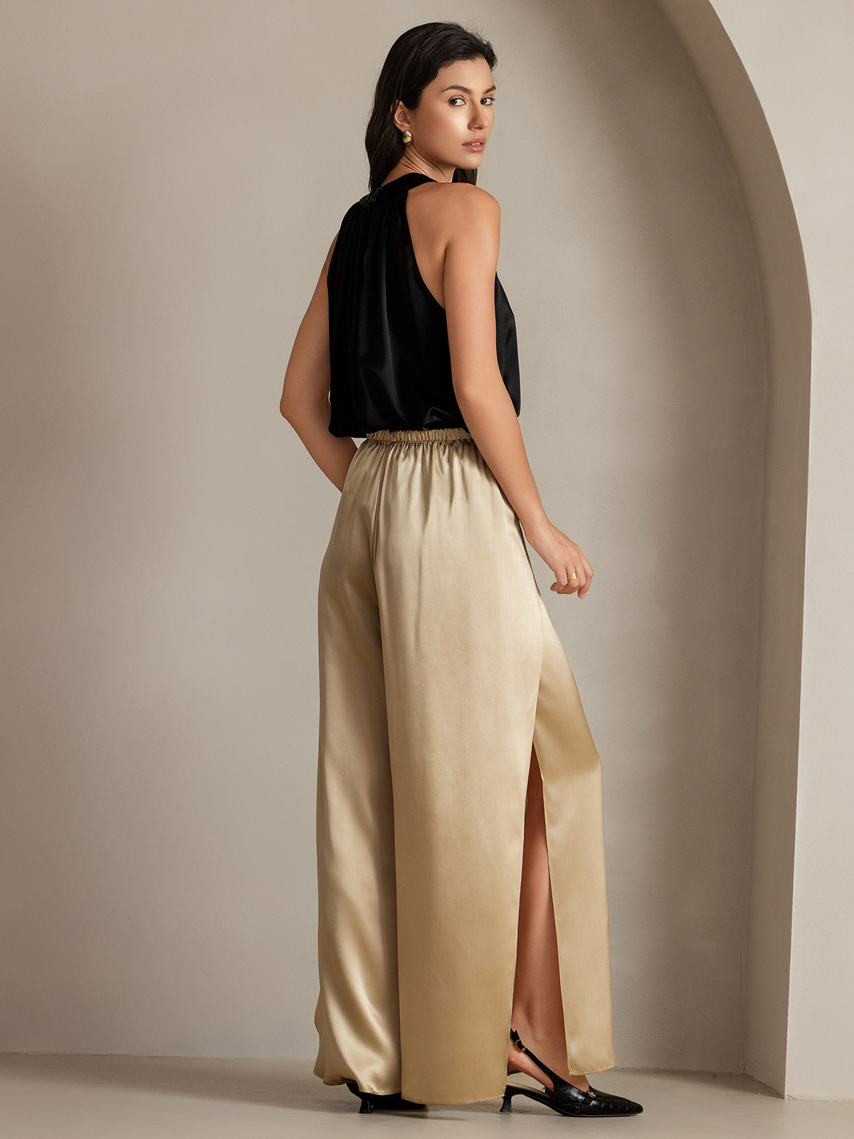 [Champán] SilkSilky-ES 19Momme Seda Split Pantalones de mujer 009