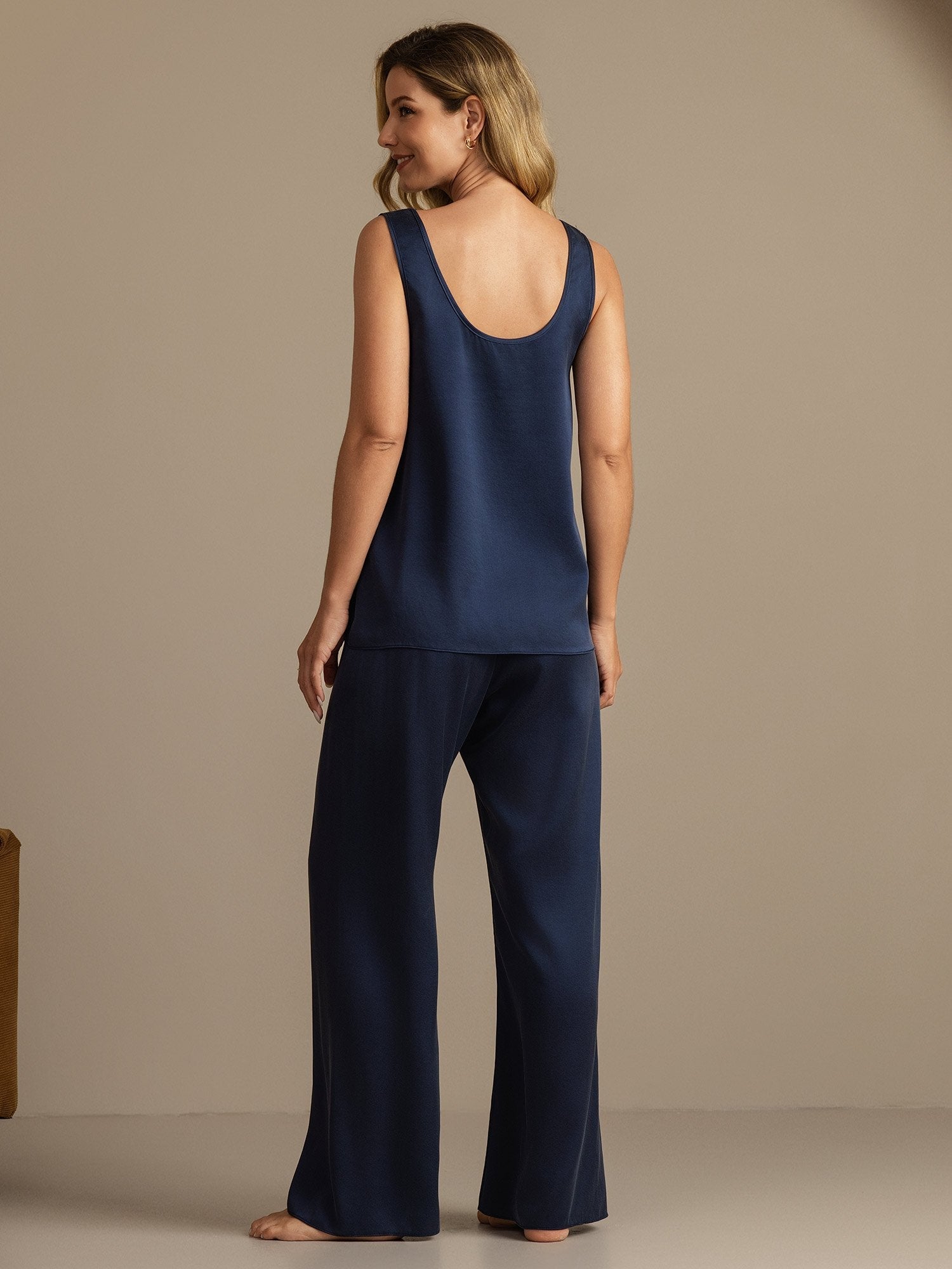 [Azul Oscuro] SilkSilky-ES 19Momme Seda Womens Pajamas 002,