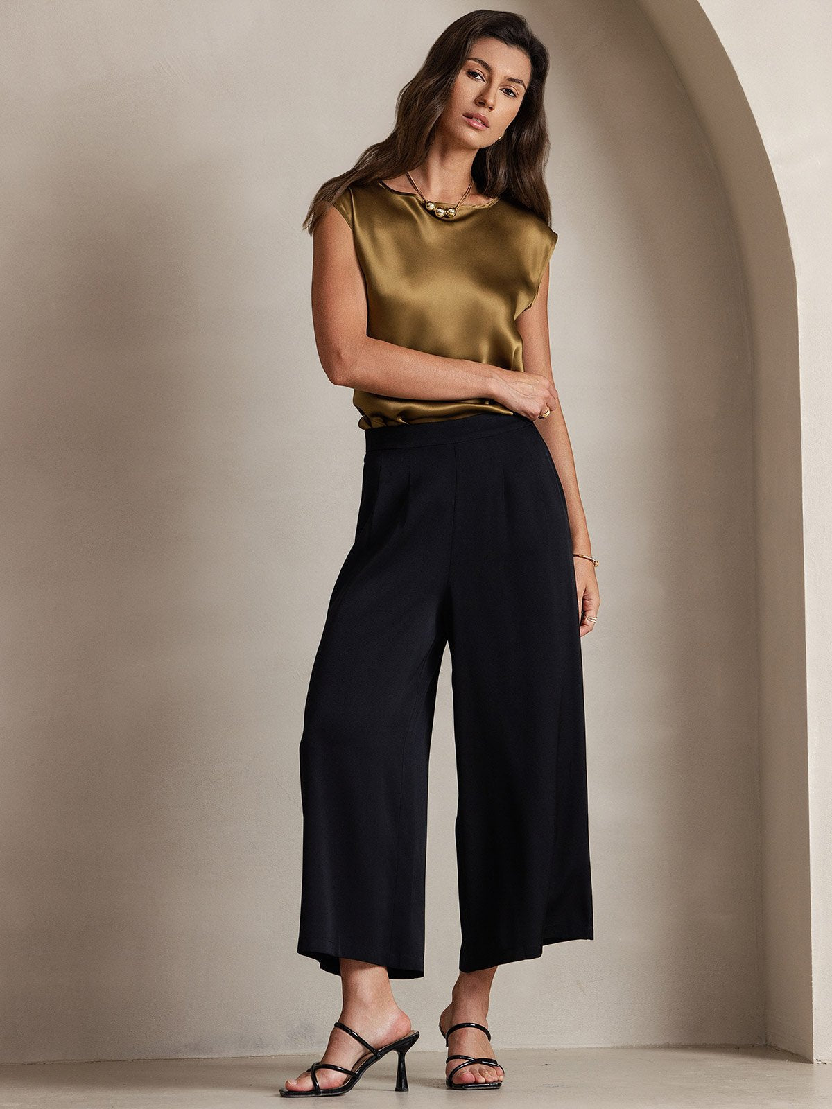 [Marrón] SilkSilky-ES 19Momme Seda Womens T-Shirt 006