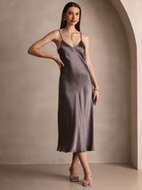 [Caqui Oscuro] SilkSilky-ES Spaghetti Strap V Neck Vestido 005