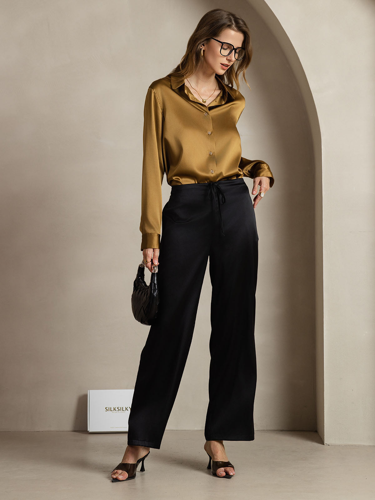 [Bronce] SilkSilky-ES Seda Manga larga Cuello Camisero Blusas de Mujer 003