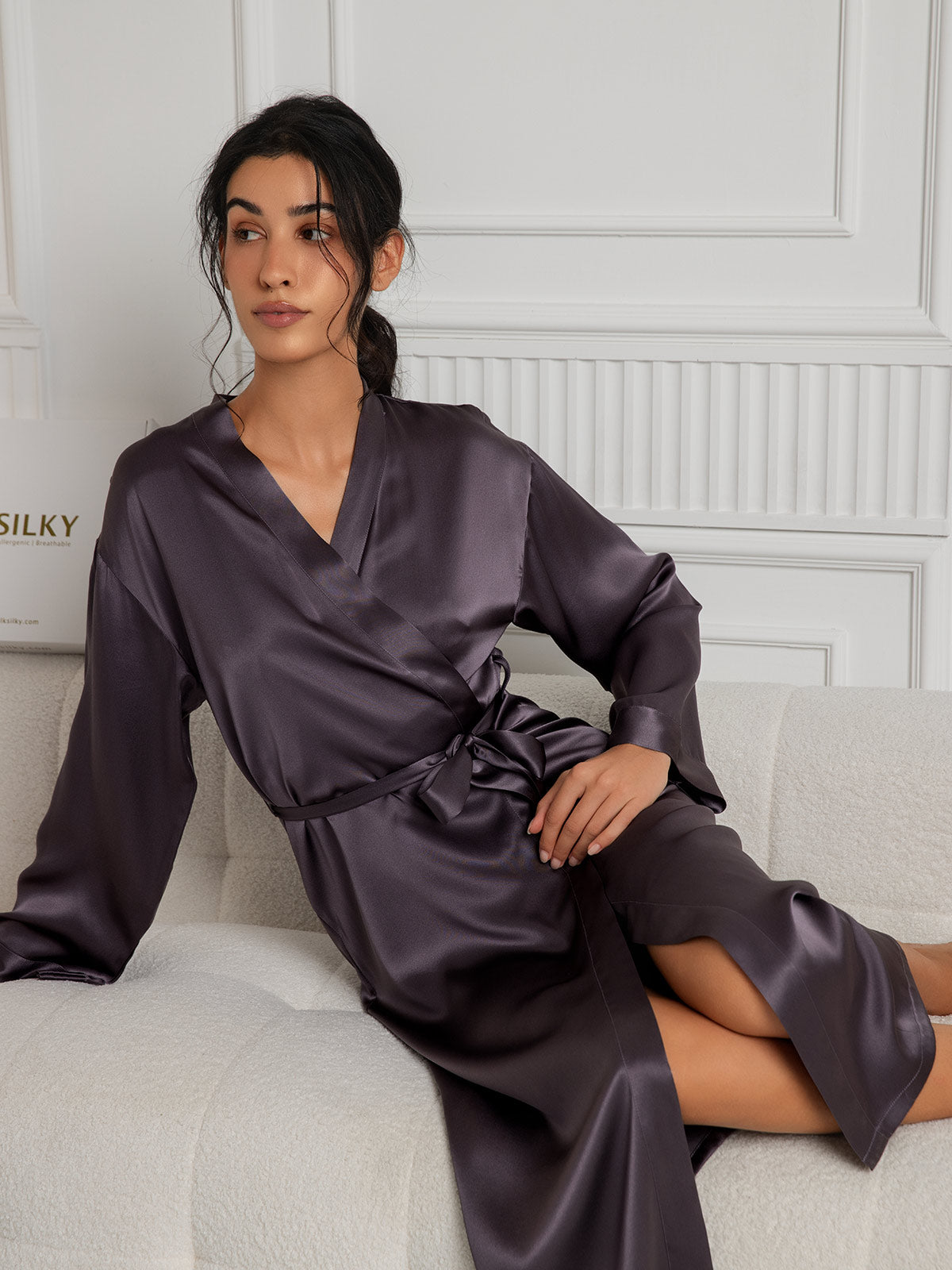 [Gris Púrpura] SilkSilky-ES Seda Pura Womens Robe 005