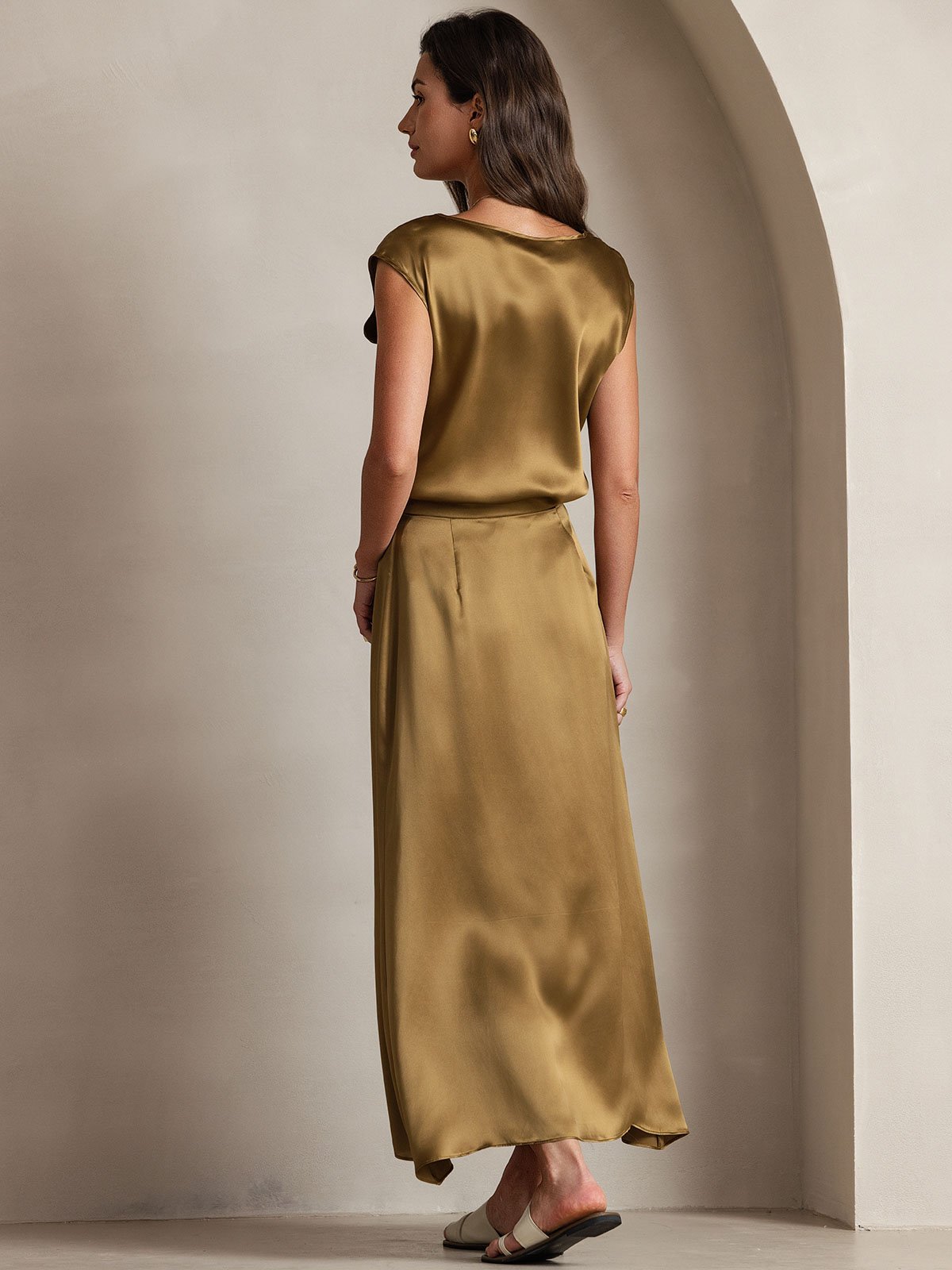 [Marrón] SilkSilky-ES 19Momme Seda Skirt 004