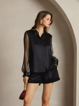 [Negro] SilkSilky-ES Long Sleeve Lapel Collar Blusas de Mujer 003