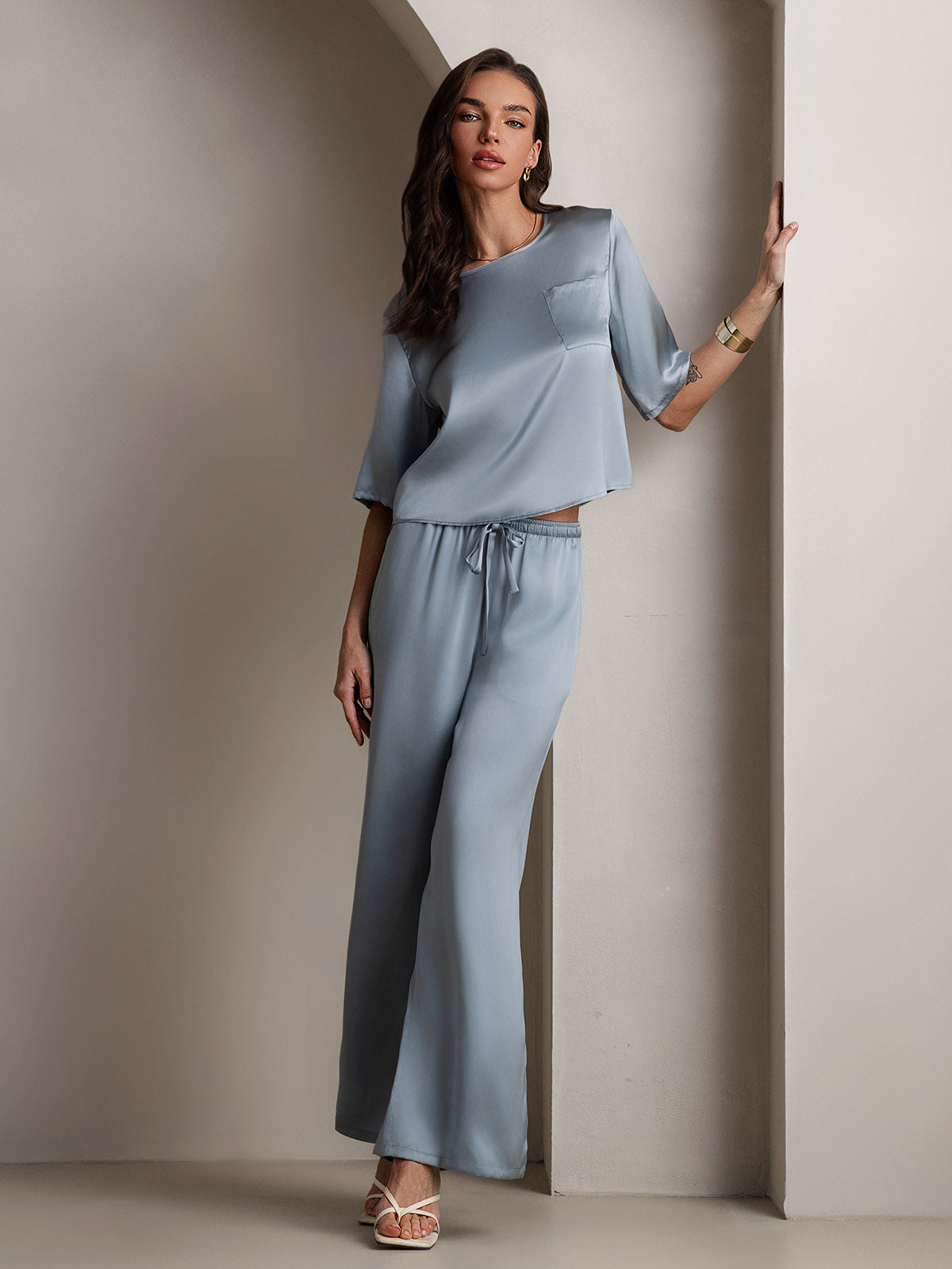 [Azul Grisáceo] SilkSilky-ES Seda Pura Womens Pajamas 001,