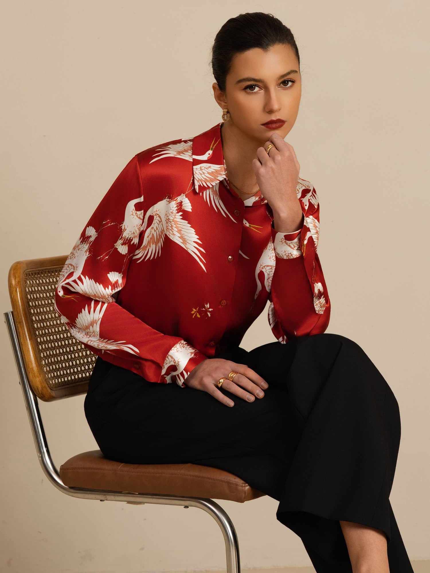 [Vino] SilkSilky-ES 19Momme Manga larga Cuello con Solapa Blusas de Mujer 008