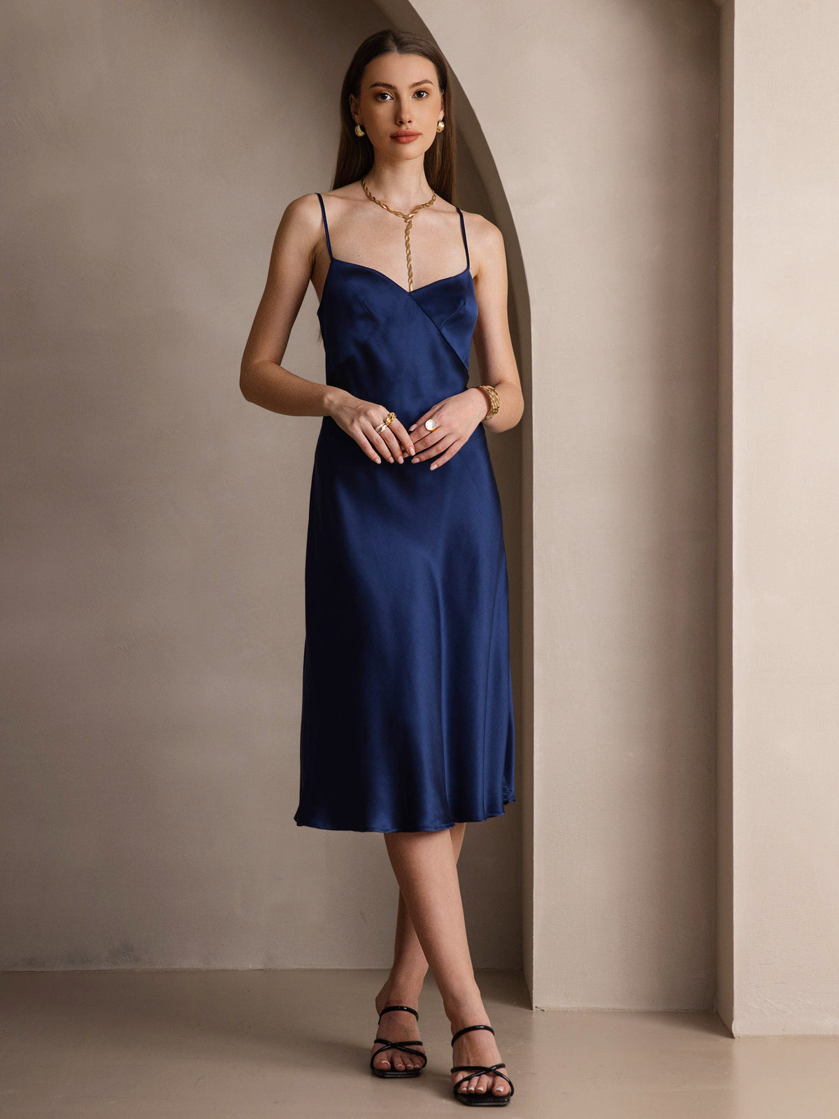 [Azul Oscuro] SilkSilky-ES 19Momme Seda Pura Cuello en V Vestido 005