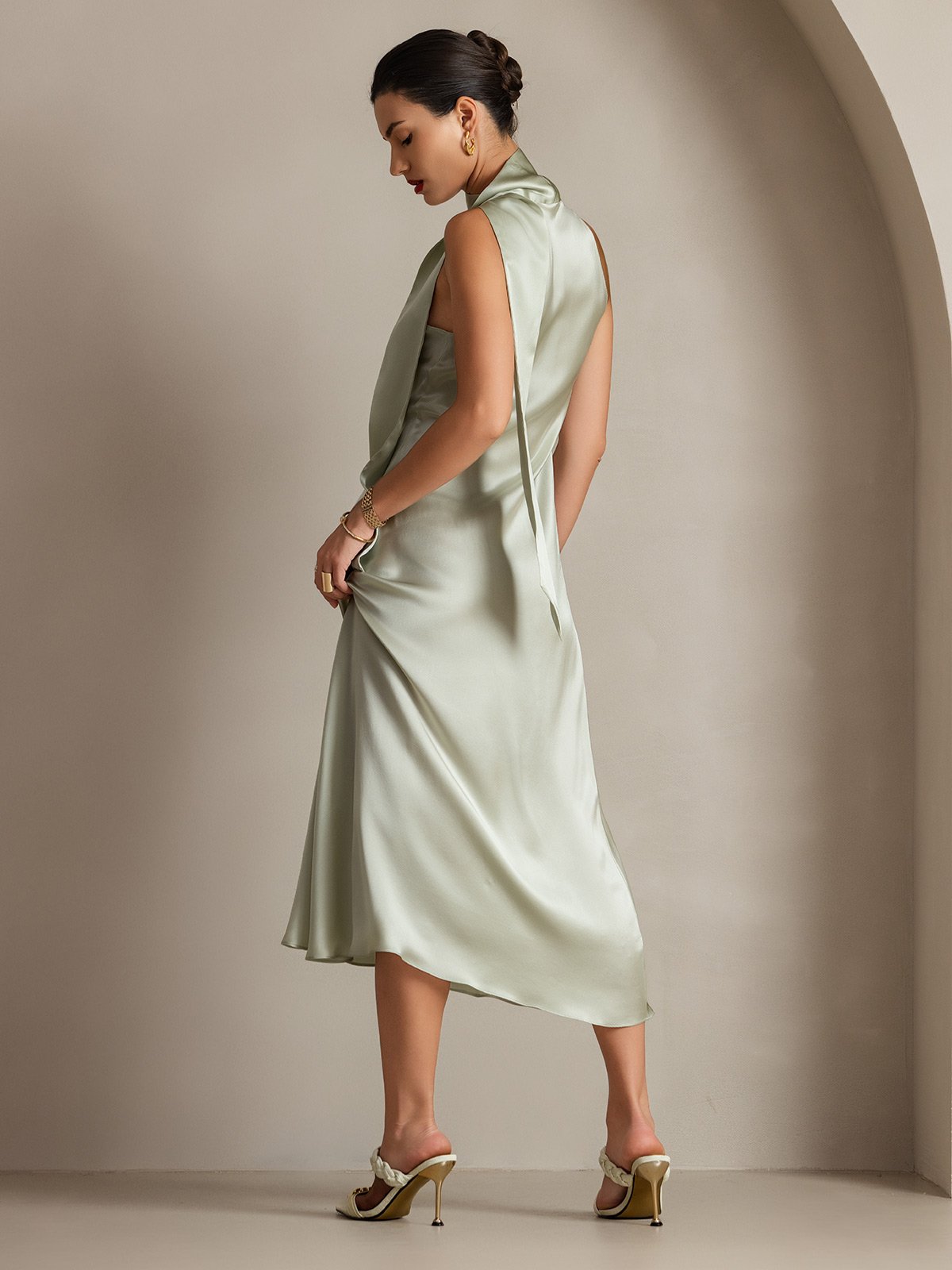 [Verde Claro] SilkSilky-ES 19Momme Seda Sin mangas Corbata Vestido 002