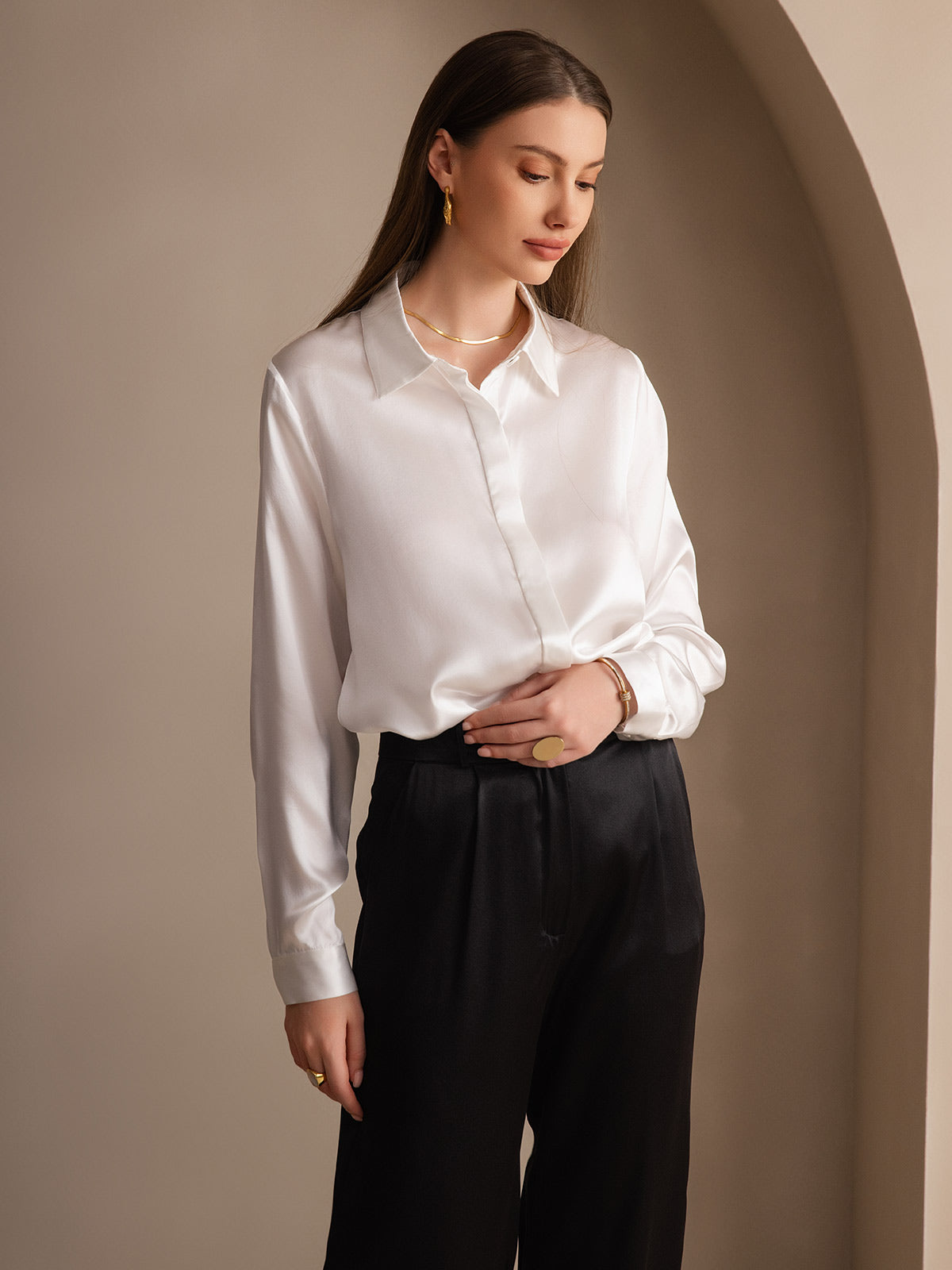 [Blanco] SilkSilky-ES 19Momme Seda Lapel Collar Blusas de Mujer 006