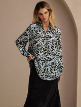 [Leopardo Azul Teal] SilkSilky-ES Long Sleeve Lapel Collar Blusa 001