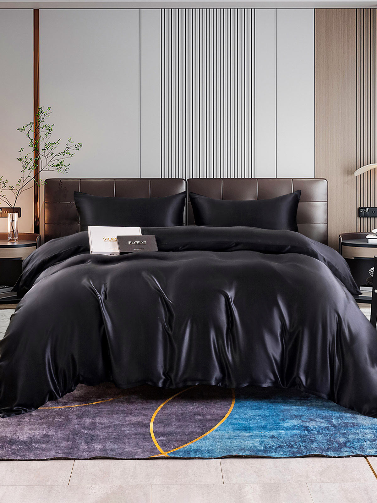 [Negro] SilkSilky-ES 22Momme Seda Pura Bedding Set 001