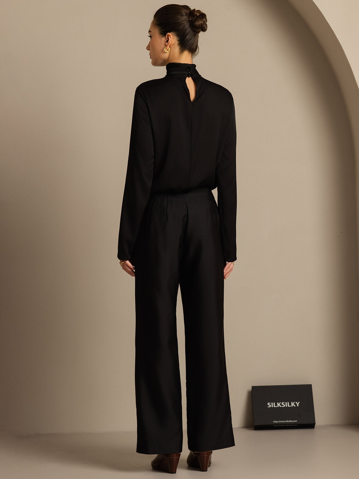 [Negro] SilkSilky-ES 32Momme Silk-Wool Blend Womens Pants 002,