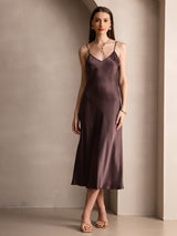 [Café] SilkSilky-ES Spaghetti Strap V Neck Vestido 006