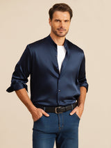 [Azul Oscuro] SilkSilky-ES Long Sleeve Stand Collar Camisa de hombre 001