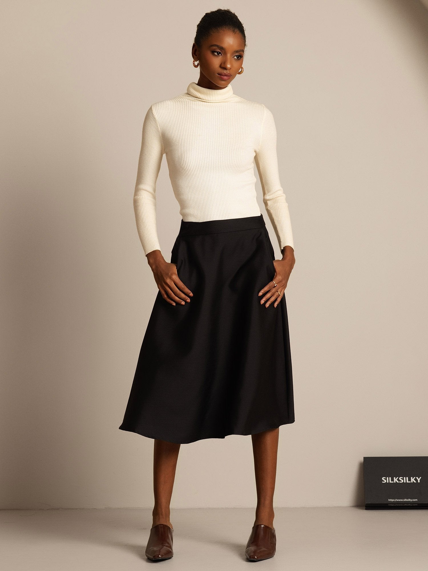 [Negro] SilkSilky-ES 32Momme Silk-Wool Blend Skirt 007,