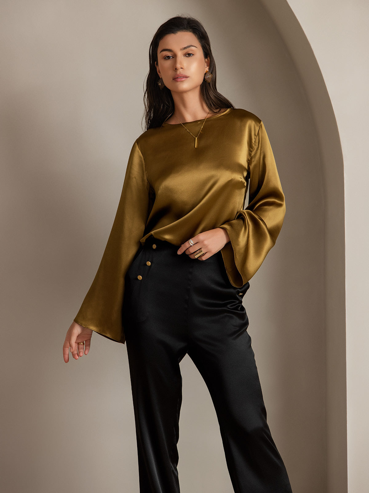 [Negro] SilkSilky-ES 19Momme Seda Womens Pants 008