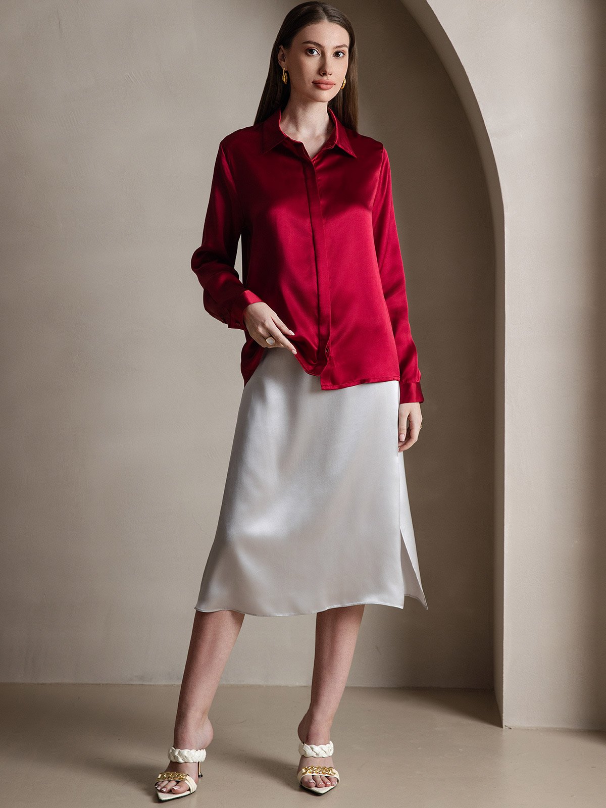 [Vino] SilkSilky-ES 19Momme Seda Manga larga Cuello Camisero Blusas de Mujer 005