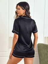 [Negro] SilkSilky-ES Short Sleeve Lapel Collar Pijamas de mujer 002