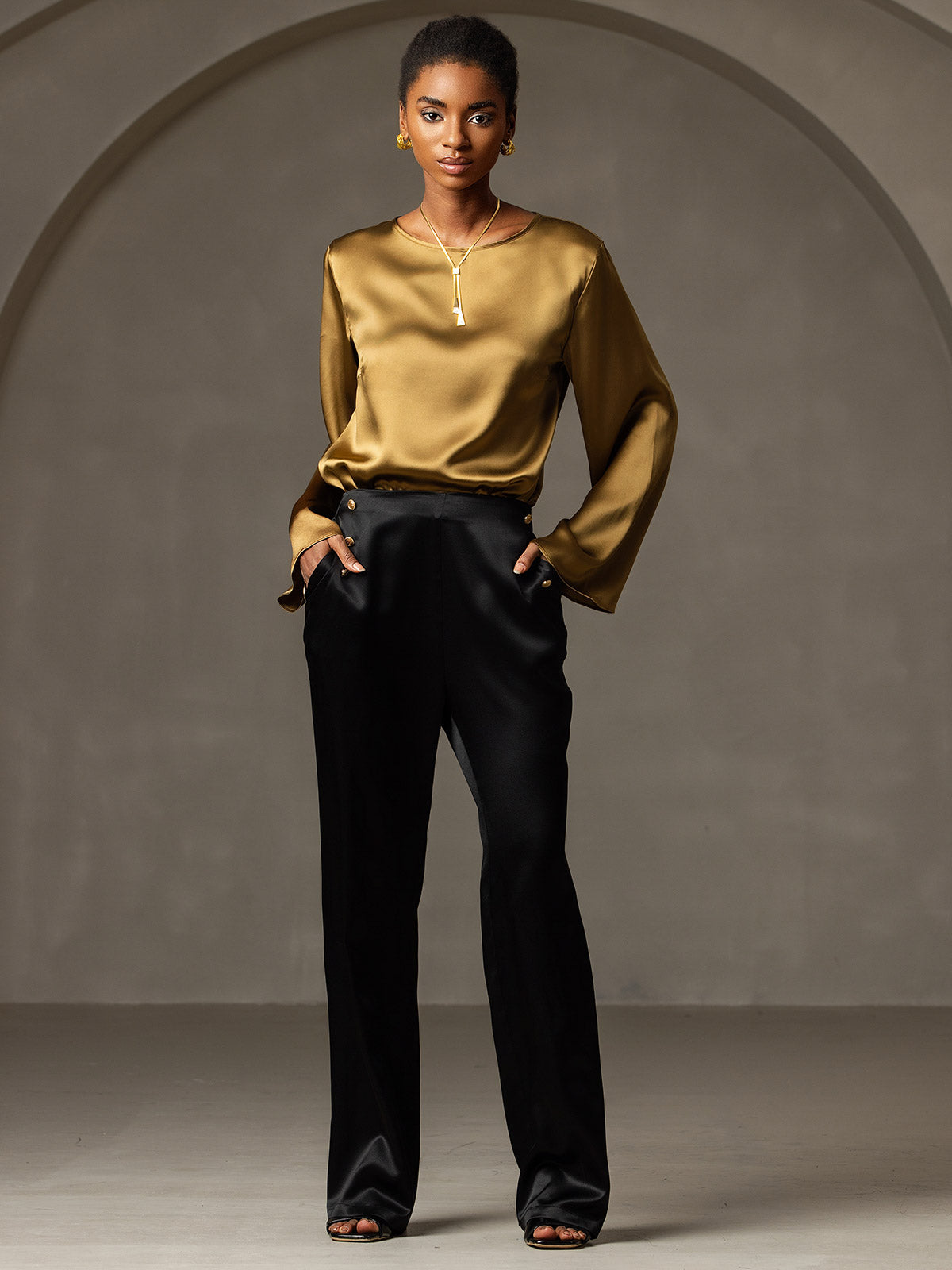 [Marrón] SilkSilky-ES 19Momme Seda Manga larga Blouse 008