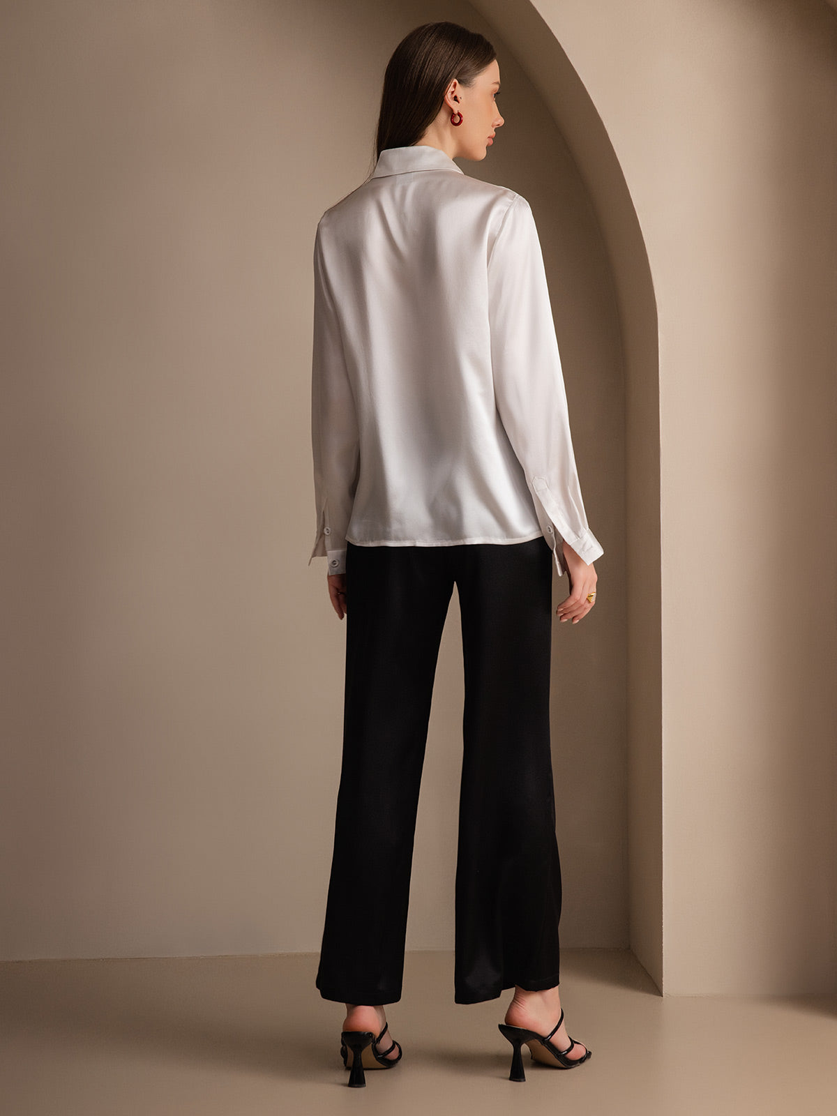 [Blanco] SilkSilky-ES 19Momme Seda Lapel Collar Blusas de Mujer 002