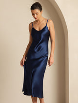 [Azul Oscuro] SilkSilky-ES Spaghetti Strap V Neck Vestido 007